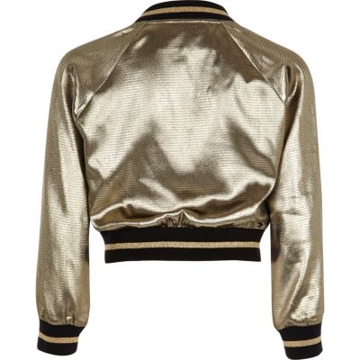 Girls metallic khaki cropped bomber jacket